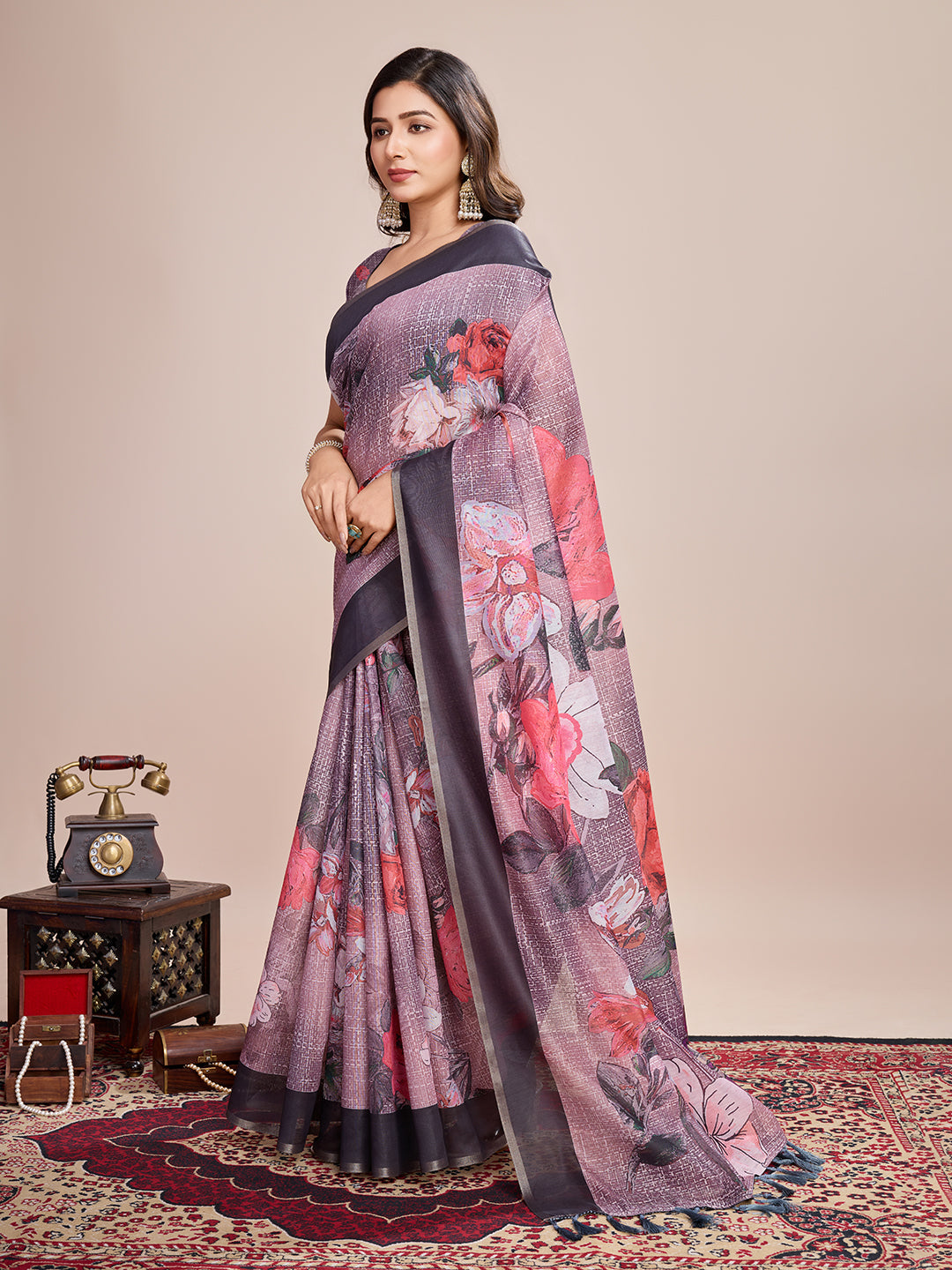 Vedant Vastram Linen Printed Bollywood Saree - Wine | Grocsy