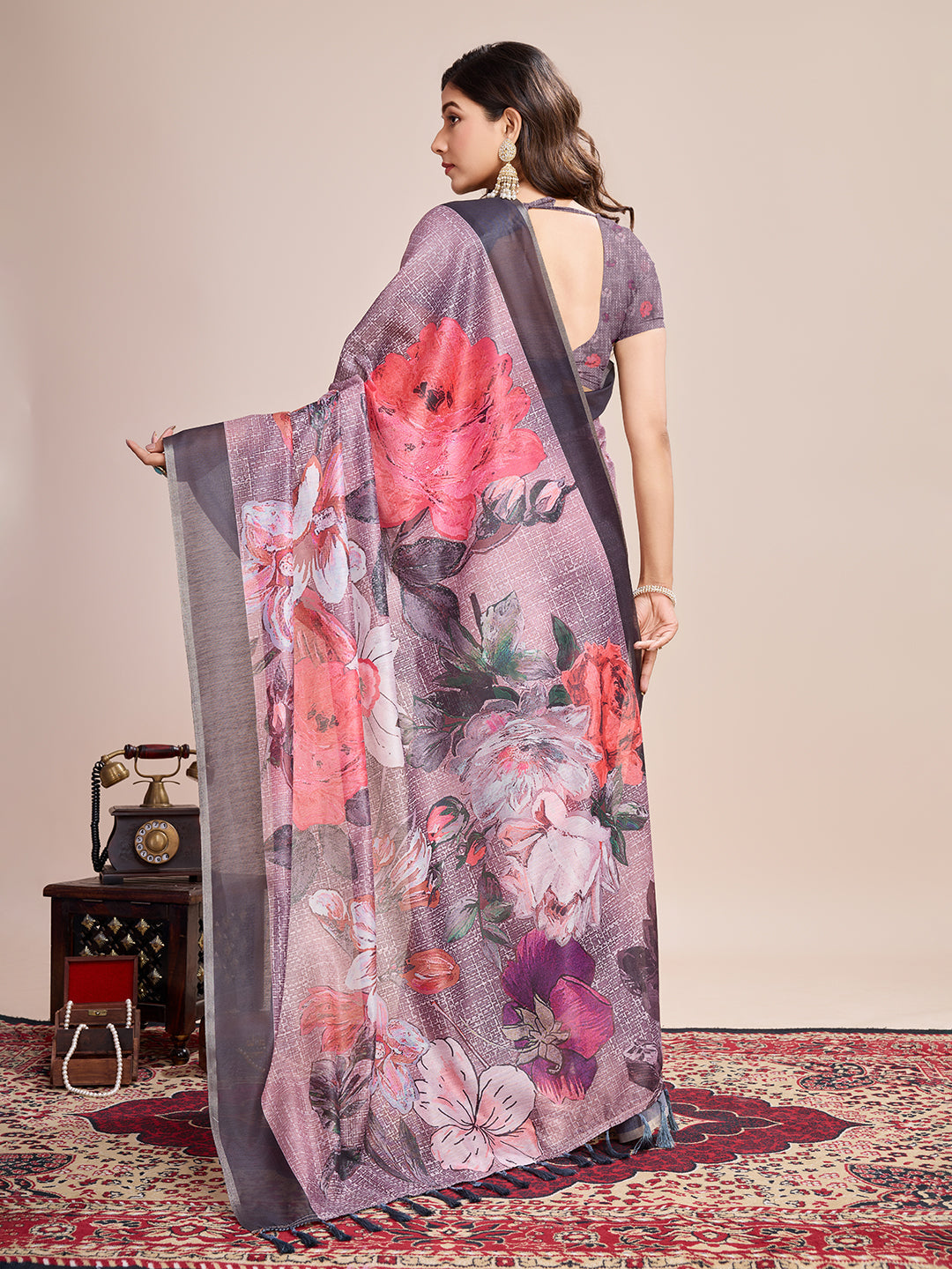 Vedant Vastram Linen Printed Bollywood Saree - Wine | Grocsy