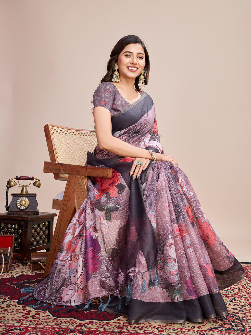 Vedant Vastram Linen Printed Bollywood Saree - Wine | Grocsy