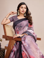 Vedant Vastram Linen Printed Bollywood Saree - Wine | Grocsy