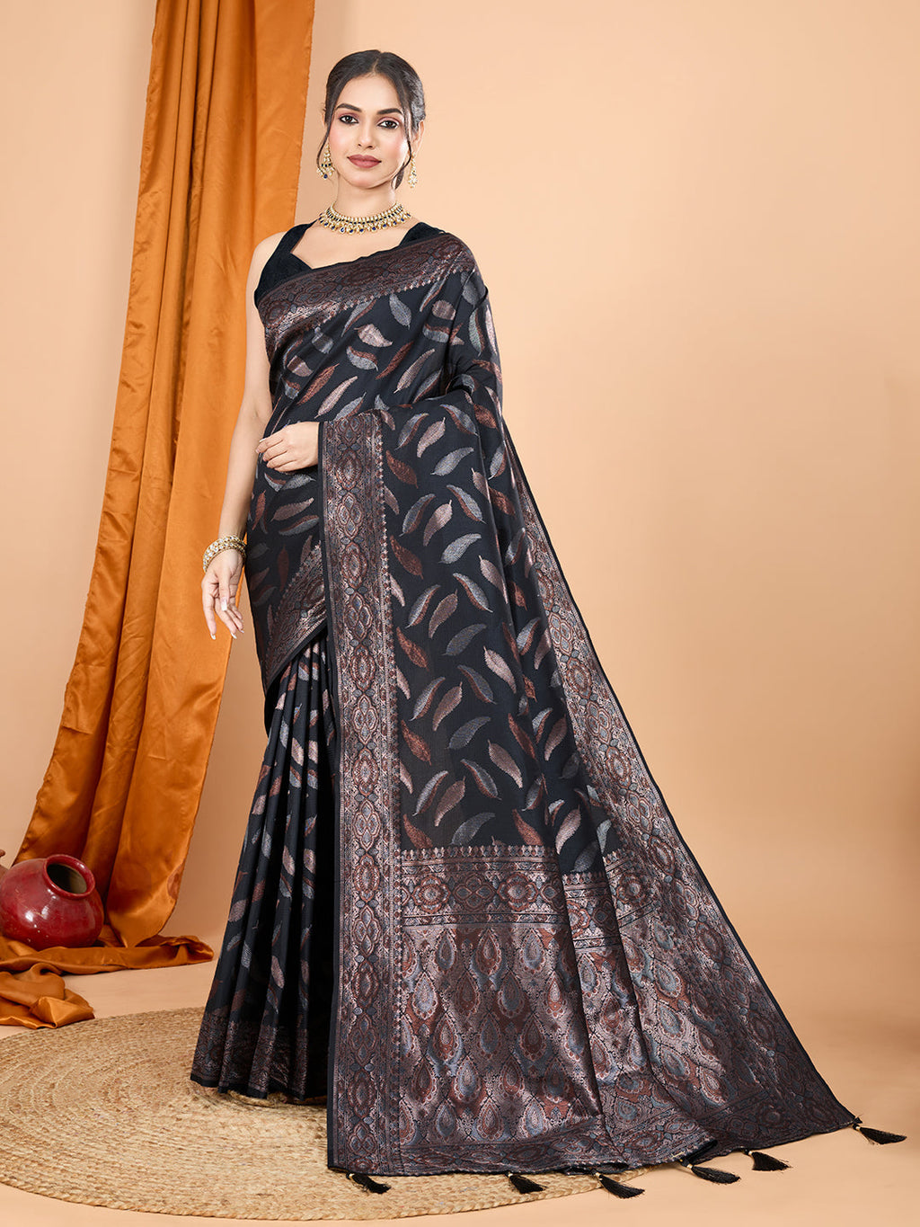 Vedant Vastram Soft Litchi Silk Banarasi Silk Jacquard Saree - Black | Grocsy
