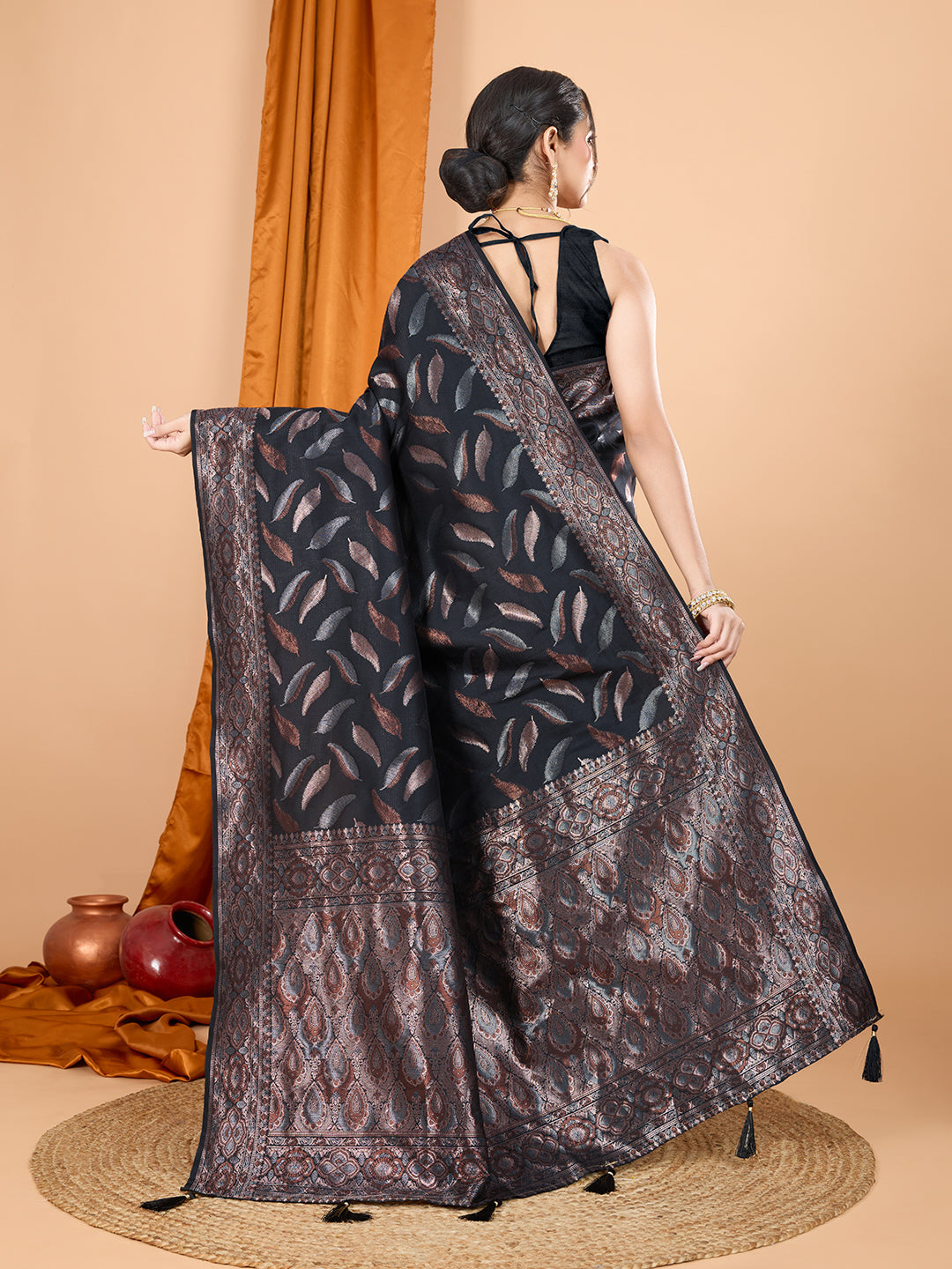 Vedant Vastram Soft Litchi Silk Banarasi Silk Jacquard Saree - Black | Grocsy