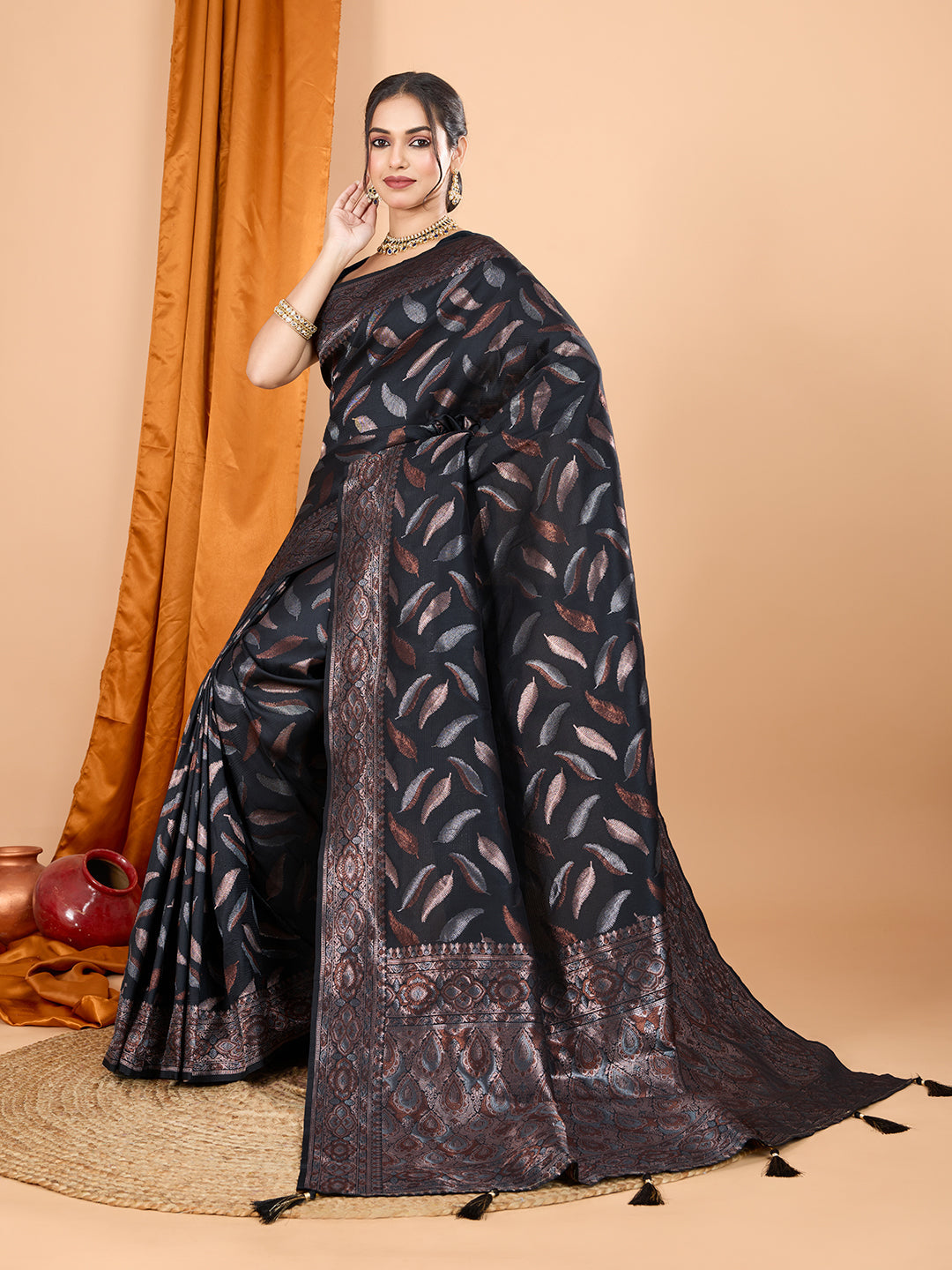 Vedant Vastram Soft Litchi Silk Banarasi Silk Jacquard Saree - Black | Grocsy