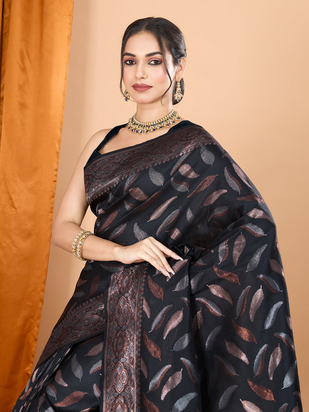 Vedant Vastram Soft Litchi Silk Banarasi Silk Jacquard Saree - Black | Grocsy