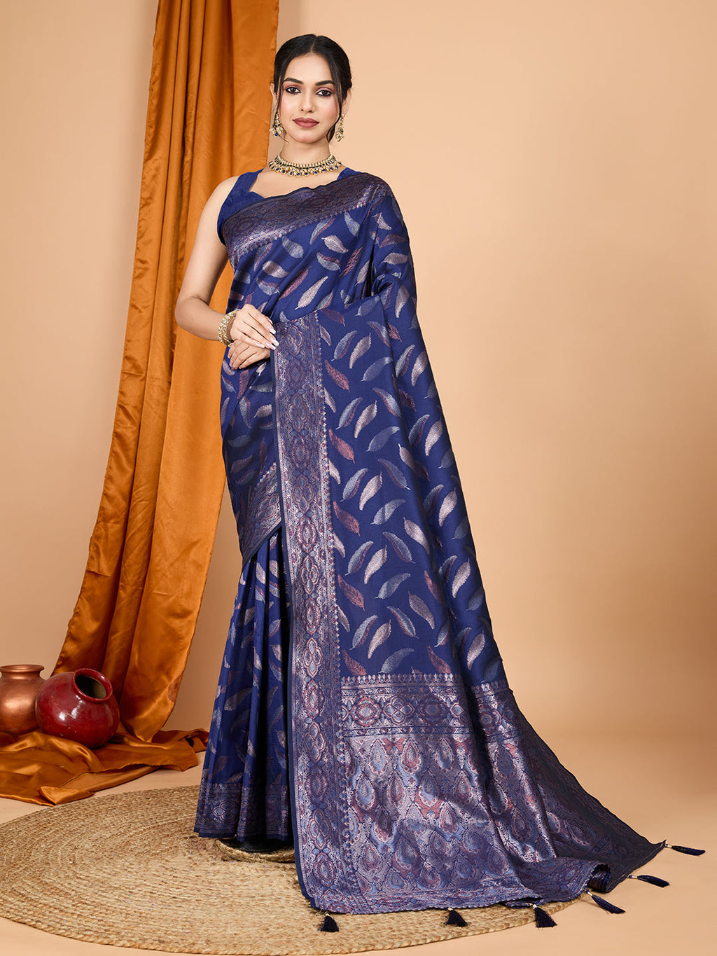 Vedant Vastram Soft Litchi Silk Banarasi Silk Jacquard Saree - Navy Blue | Grocsy