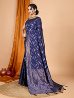 Vedant Vastram Soft Litchi Silk Banarasi Silk Jacquard Saree - Navy Blue | Grocsy