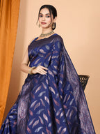Vedant Vastram Soft Litchi Silk Banarasi Silk Jacquard Saree - Navy Blue | Grocsy