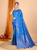 Vedant Vastram Soft Litchi Silk Banarasi Silk Jacquard Saree - Blue | Grocsy