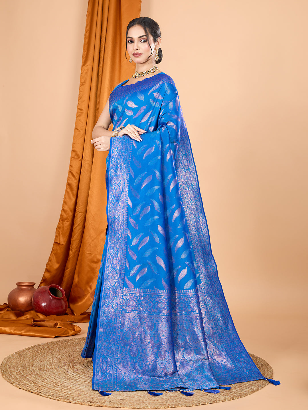 Vedant Vastram Soft Litchi Silk Banarasi Silk Jacquard Saree - Blue | Grocsy