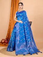 Vedant Vastram Soft Litchi Silk Banarasi Silk Jacquard Saree - Blue | Grocsy