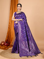 Vedant Vastram Soft Litchi Silk Banarasi Silk Jacquard Saree - Violet | Grocsy