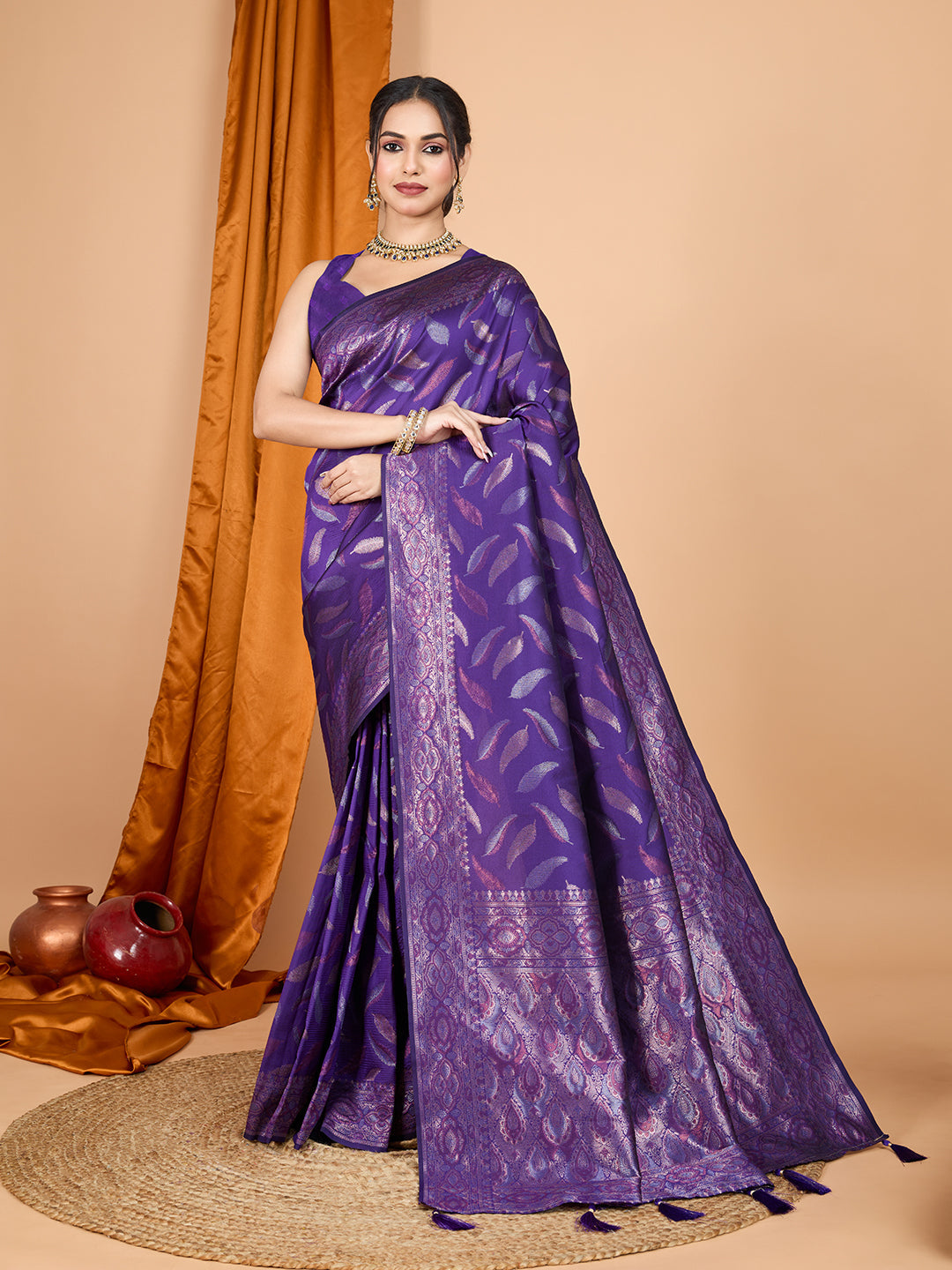 Vedant Vastram Soft Litchi Silk Banarasi Silk Jacquard Saree - Violet | Grocsy