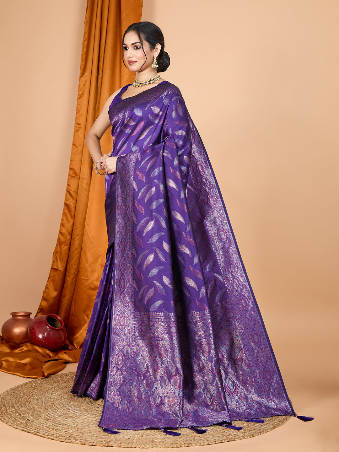 Vedant Vastram Soft Litchi Silk Banarasi Silk Jacquard Saree - Violet | Grocsy