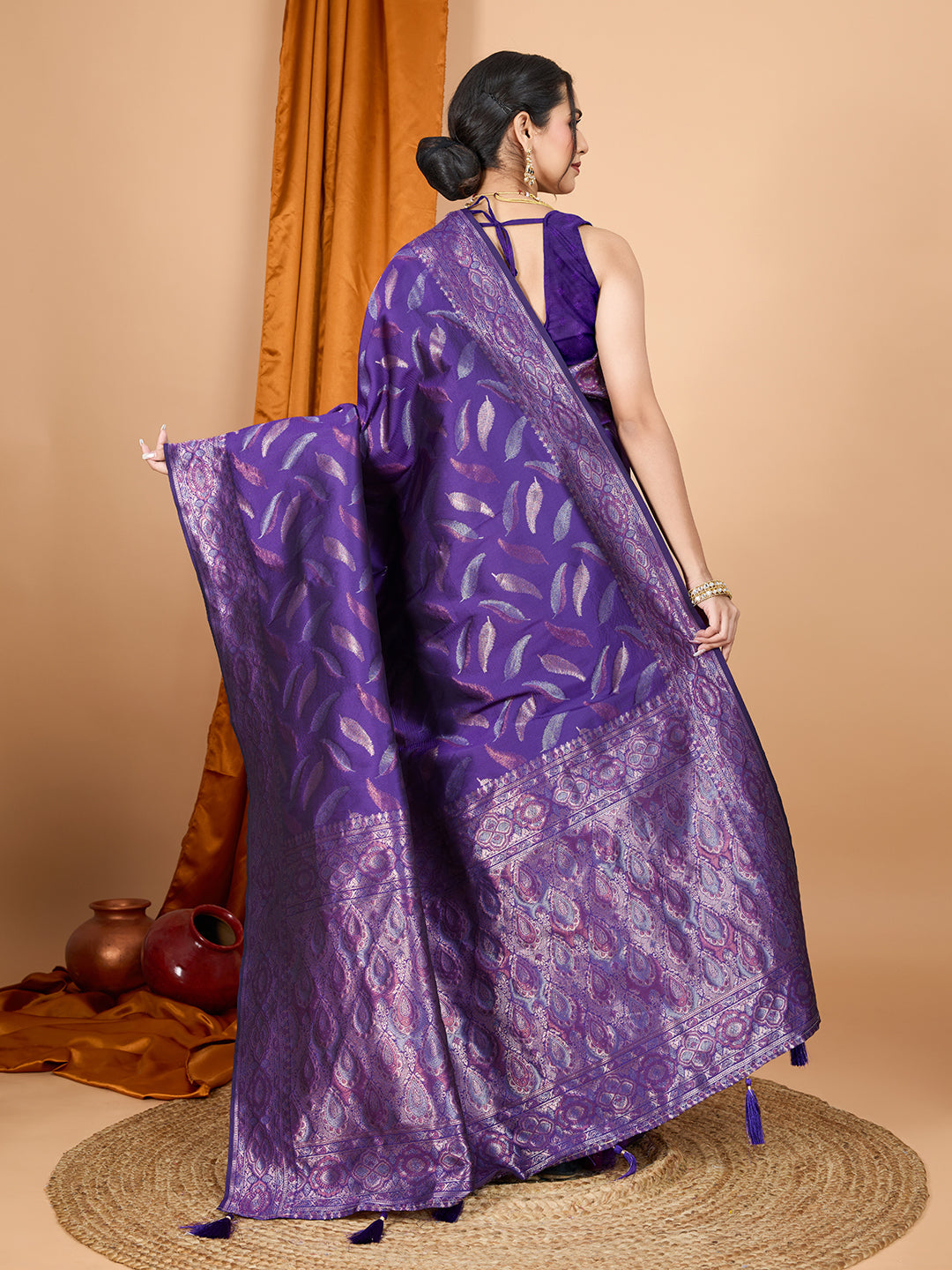 Vedant Vastram Soft Litchi Silk Banarasi Silk Jacquard Saree - Violet | Grocsy