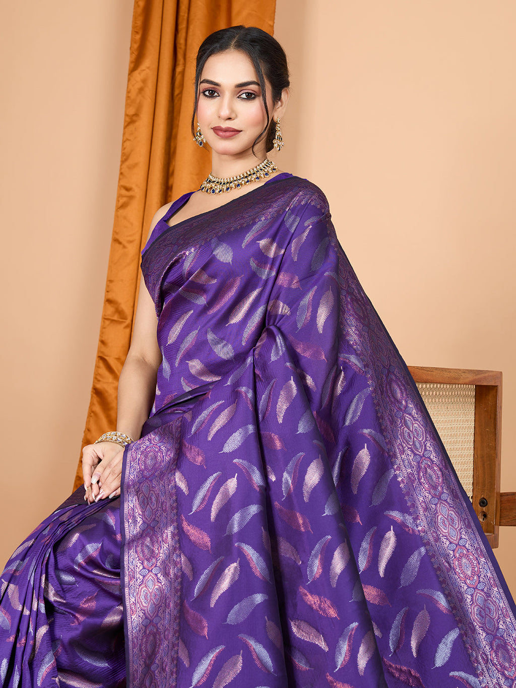 Vedant Vastram Soft Litchi Silk Banarasi Silk Jacquard Saree - Violet | Grocsy