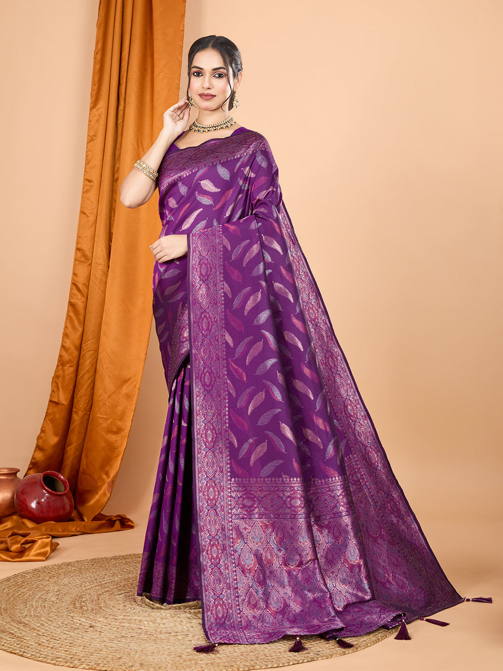 Vedant Vastram Soft Litchi Silk Banarasi Silk Jacquard Saree - Wine | Grocsy