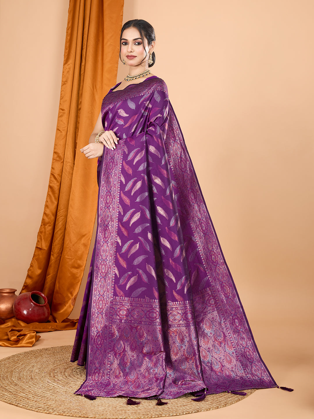 Vedant Vastram Soft Litchi Silk Banarasi Silk Jacquard Saree - Wine | Grocsy