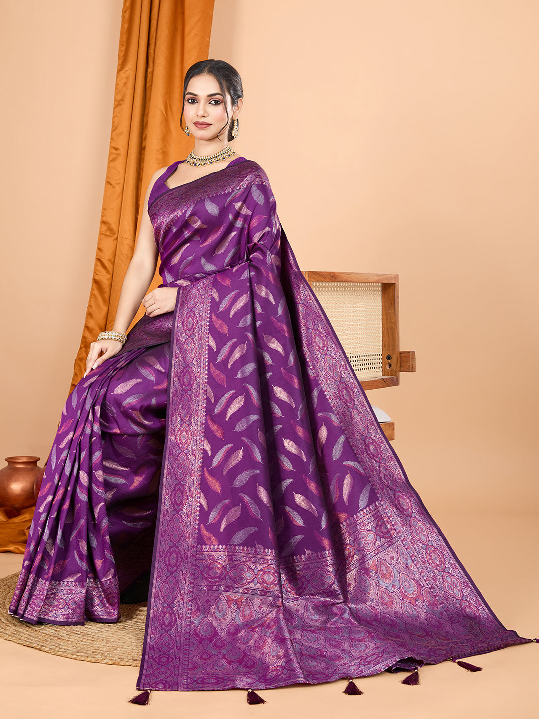 Vedant Vastram Soft Litchi Silk Banarasi Silk Jacquard Saree - Wine | Grocsy