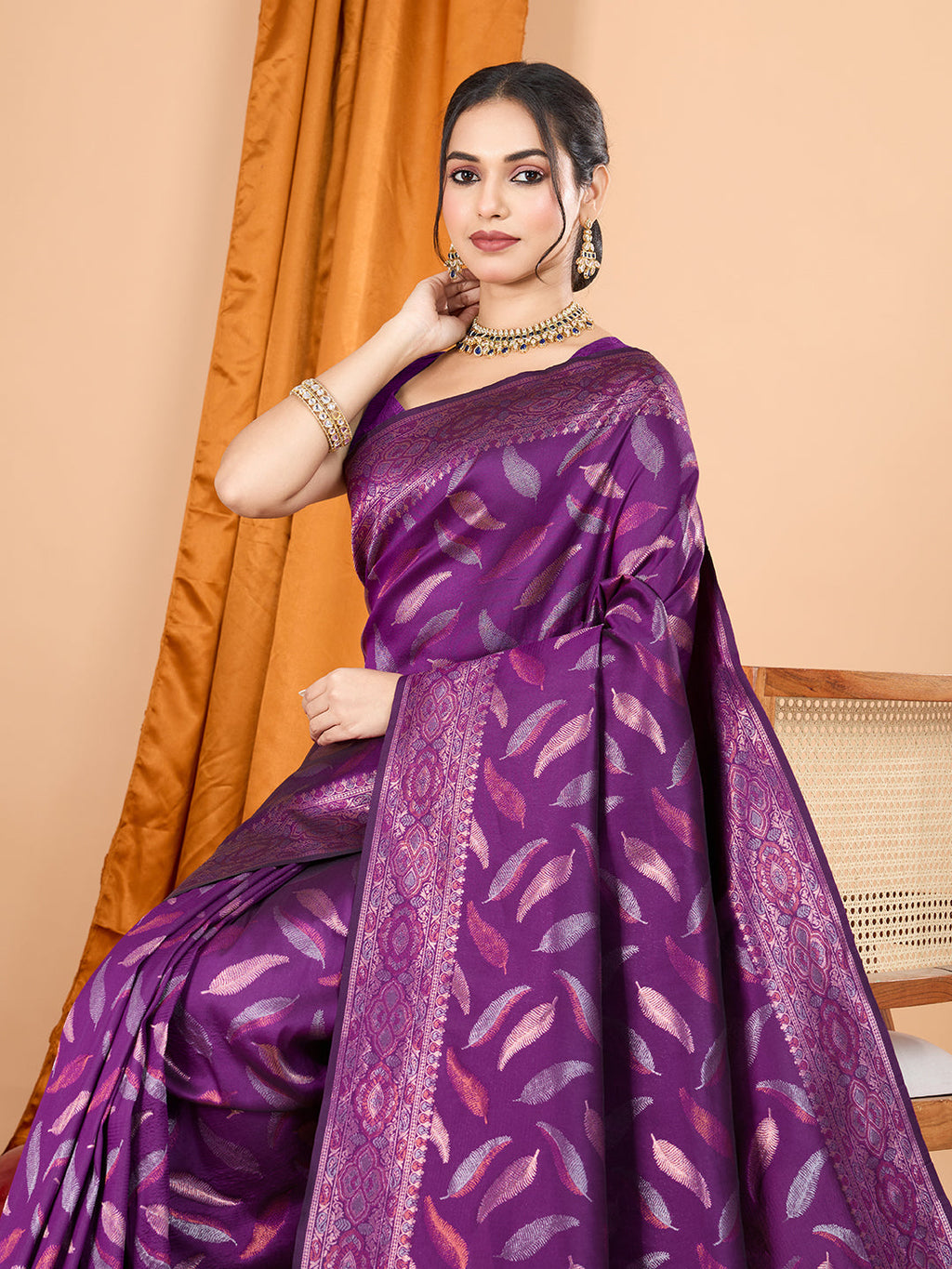 Vedant Vastram Soft Litchi Silk Banarasi Silk Jacquard Saree - Wine | Grocsy