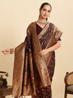Vedant Vastram Soft Litchi Silk Banarasi Silk Jacquard Saree - Maroon | Grocsy