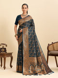 Vedant Vastram Soft Litchi Silk Banarasi Silk Jacquard Saree - Navy Blue | Grocsy