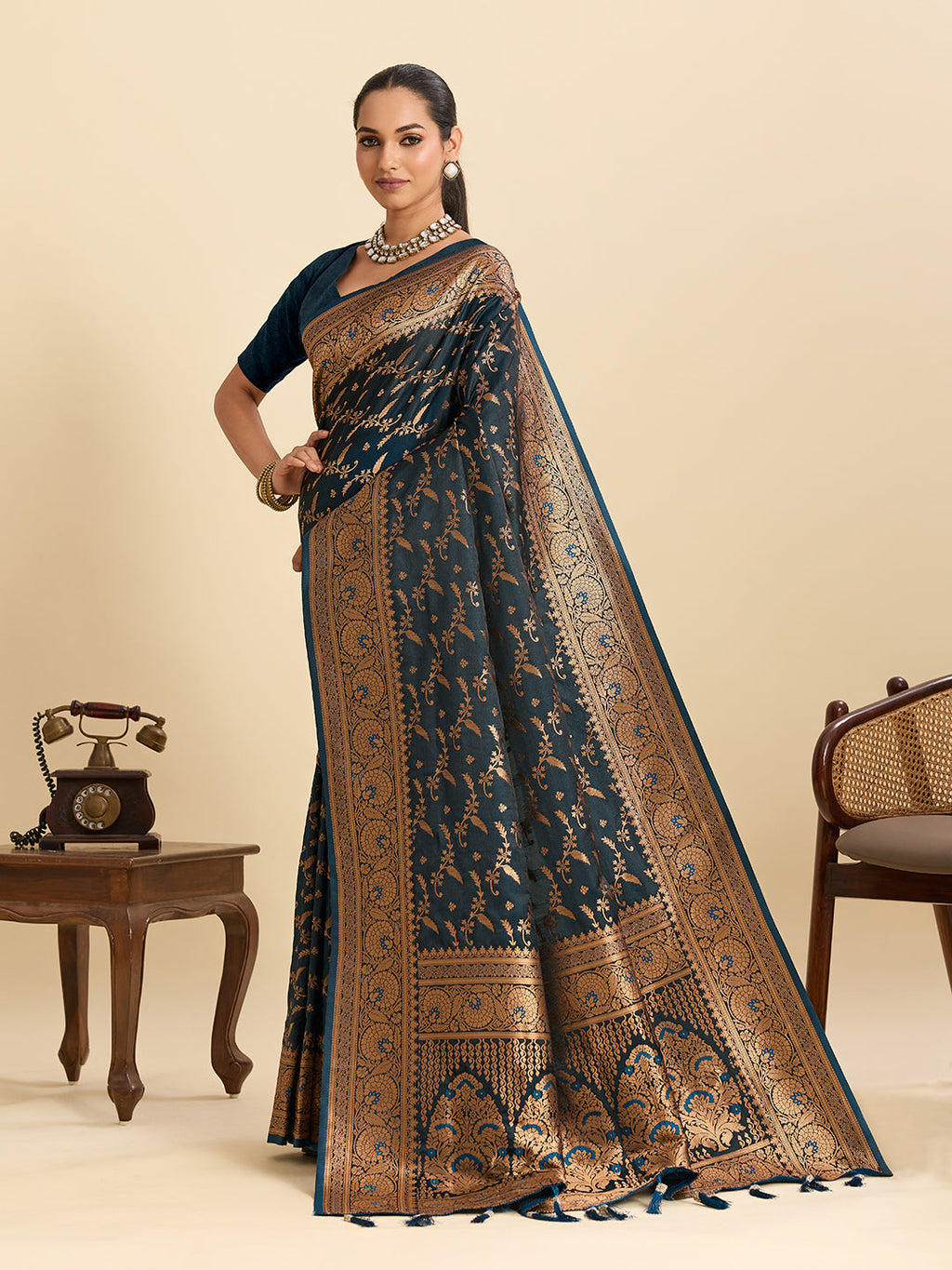 Vedant Vastram Soft Litchi Silk Banarasi Silk Jacquard Saree - Navy Blue | Grocsy