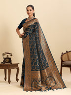 Vedant Vastram Soft Litchi Silk Banarasi Silk Jacquard Saree - Navy Blue | Grocsy