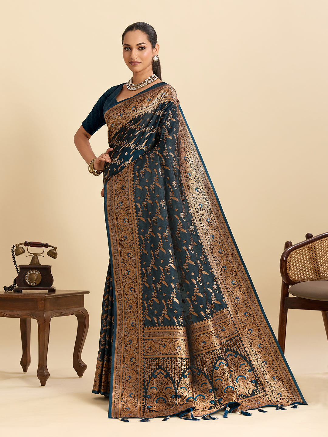 Vedant Vastram Soft Litchi Silk Banarasi Silk Jacquard Saree - Navy Blue | Grocsy