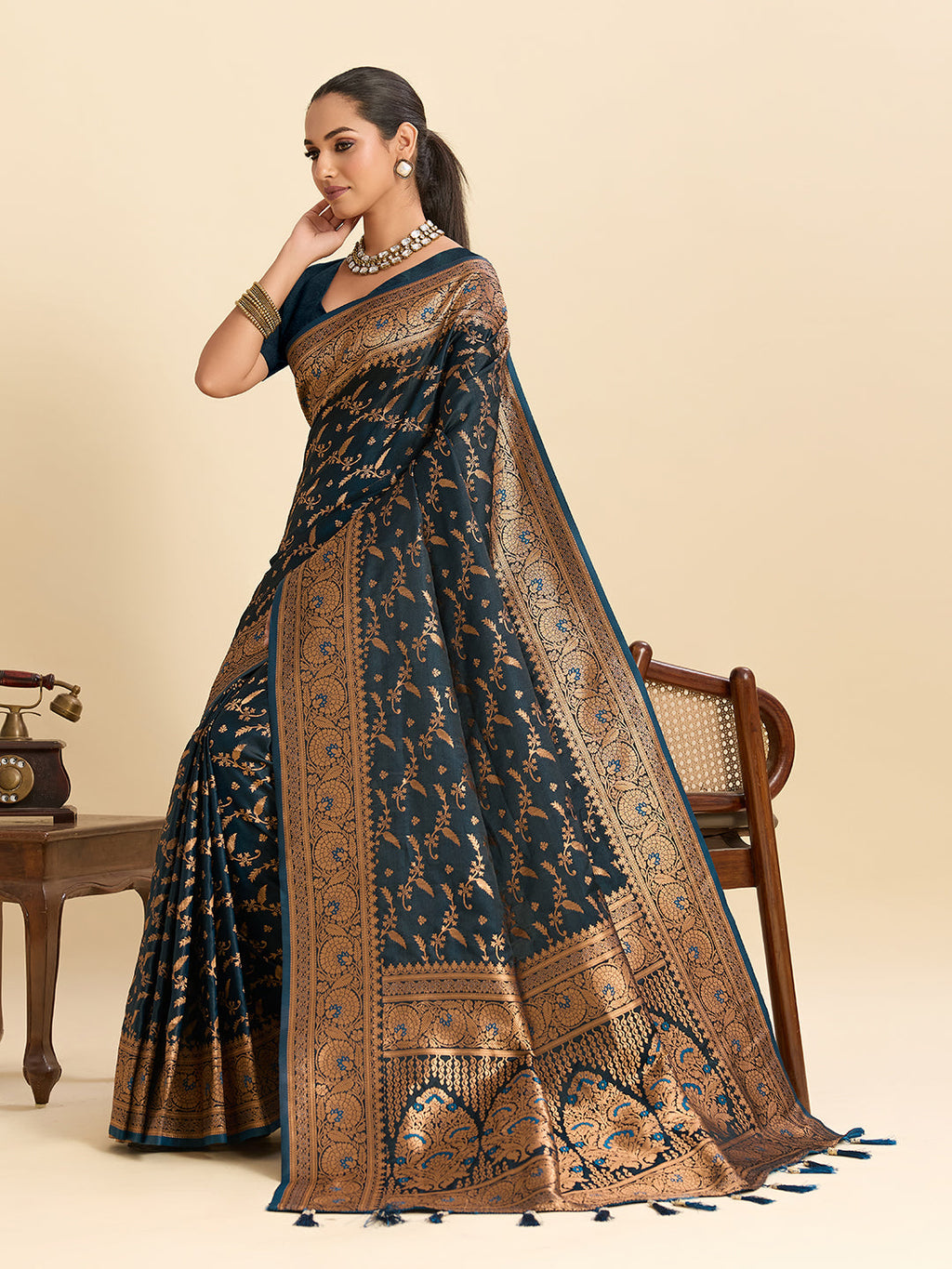 Vedant Vastram Soft Litchi Silk Banarasi Silk Jacquard Saree - Navy Blue | Grocsy