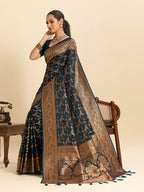 Vedant Vastram Soft Litchi Silk Banarasi Silk Jacquard Saree - Navy Blue | Grocsy