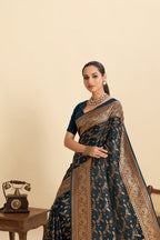 Vedant Vastram Soft Litchi Silk Banarasi Silk Jacquard Saree - Navy Blue | Grocsy