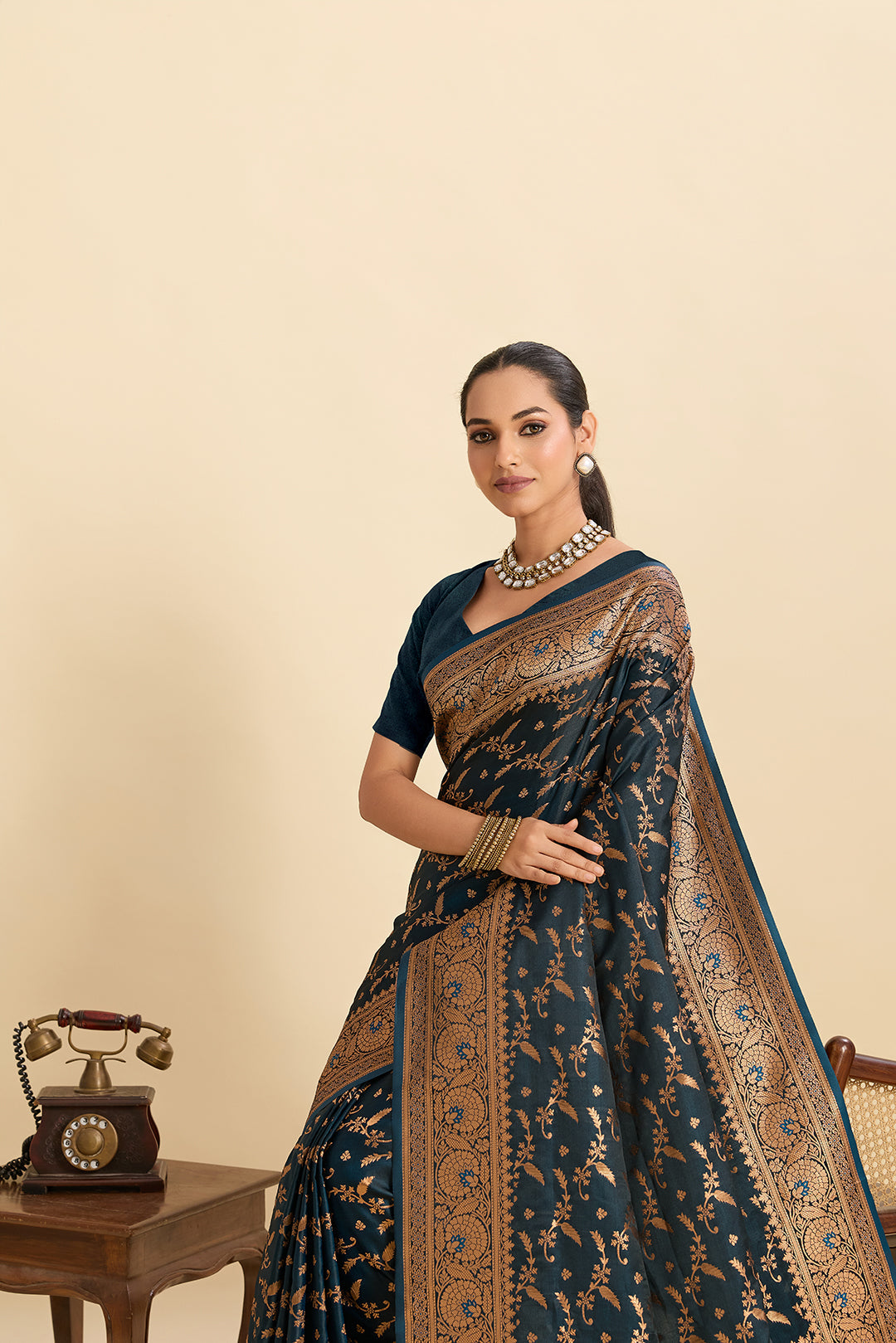 Vedant Vastram Soft Litchi Silk Banarasi Silk Jacquard Saree - Navy Blue | Grocsy