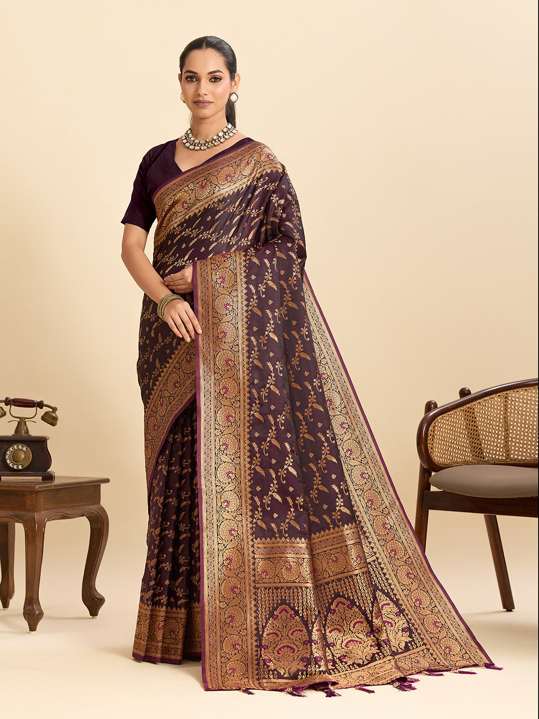 Vedant Vastram Soft Litchi Silk Banarasi Silk Jacquard Saree - Wine | Grocsy