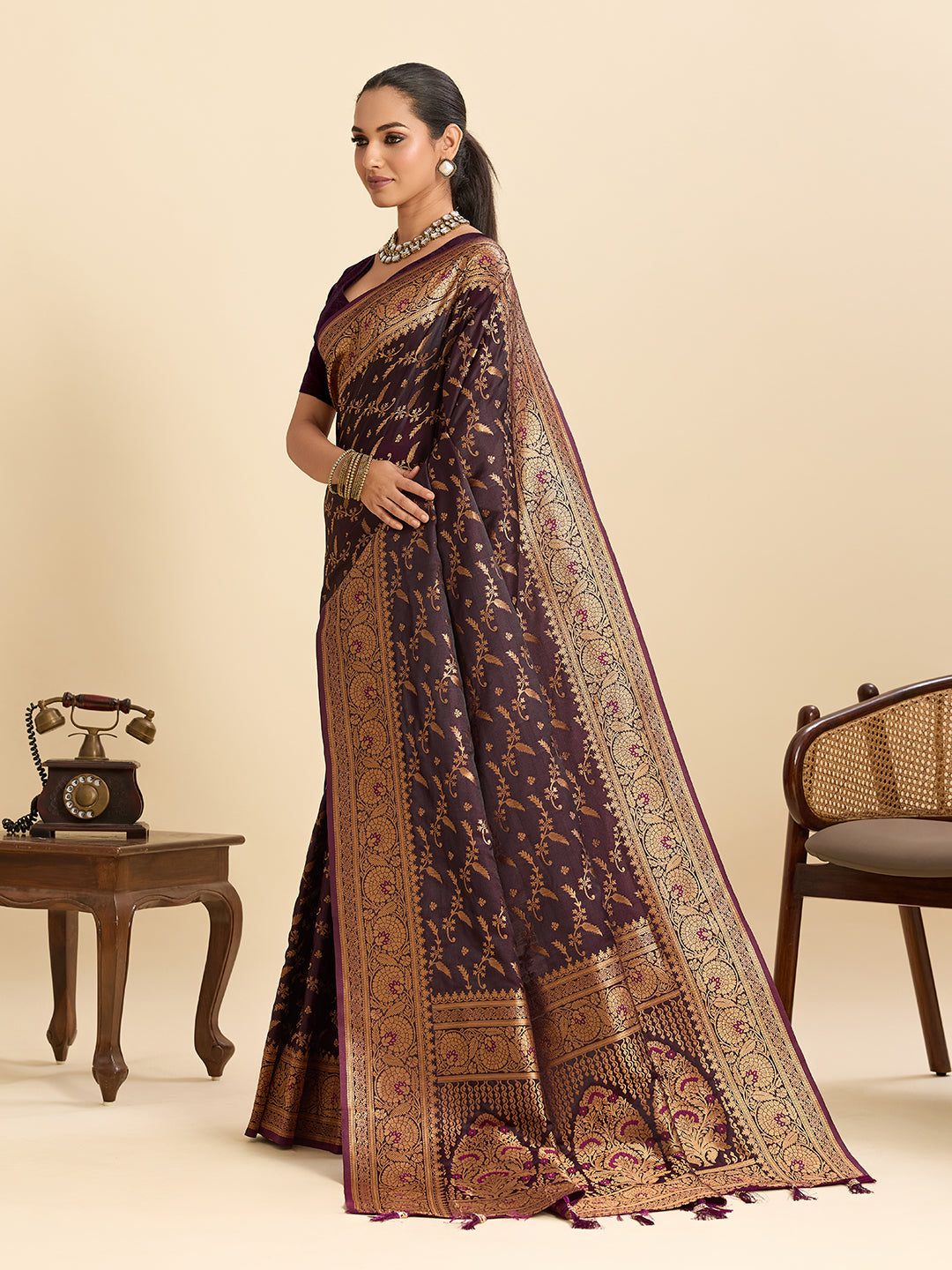 Vedant Vastram Soft Litchi Silk Banarasi Silk Jacquard Saree - Wine | Grocsy