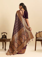 Vedant Vastram Soft Litchi Silk Banarasi Silk Jacquard Saree - Wine | Grocsy