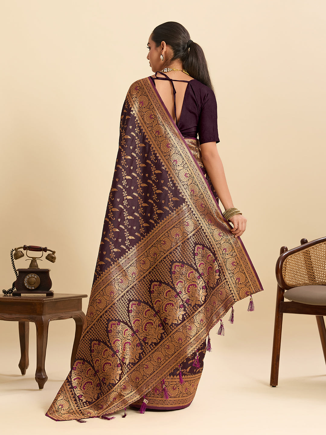 Vedant Vastram Soft Litchi Silk Banarasi Silk Jacquard Saree - Wine | Grocsy