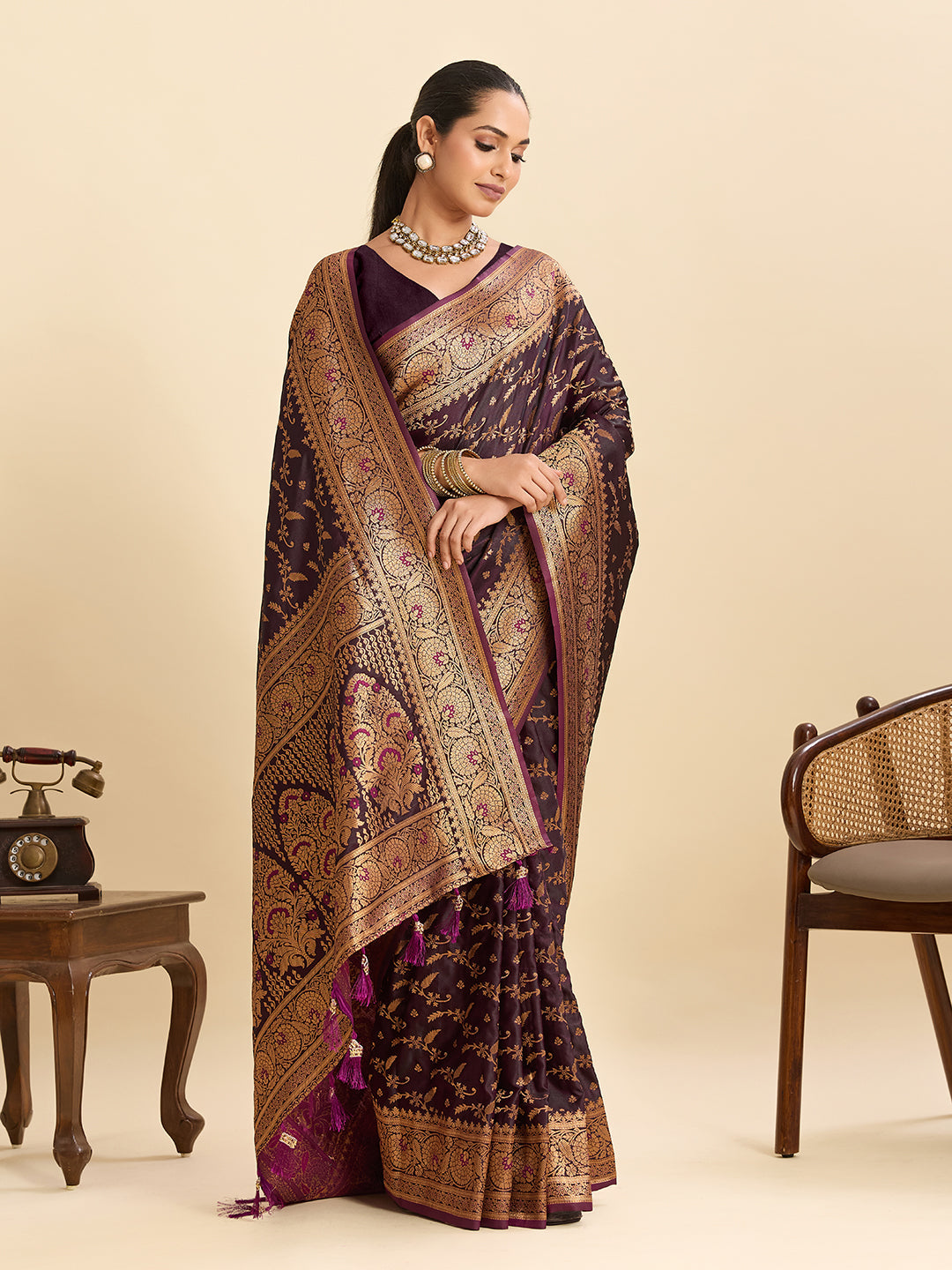 Vedant Vastram Soft Litchi Silk Banarasi Silk Jacquard Saree - Wine | Grocsy