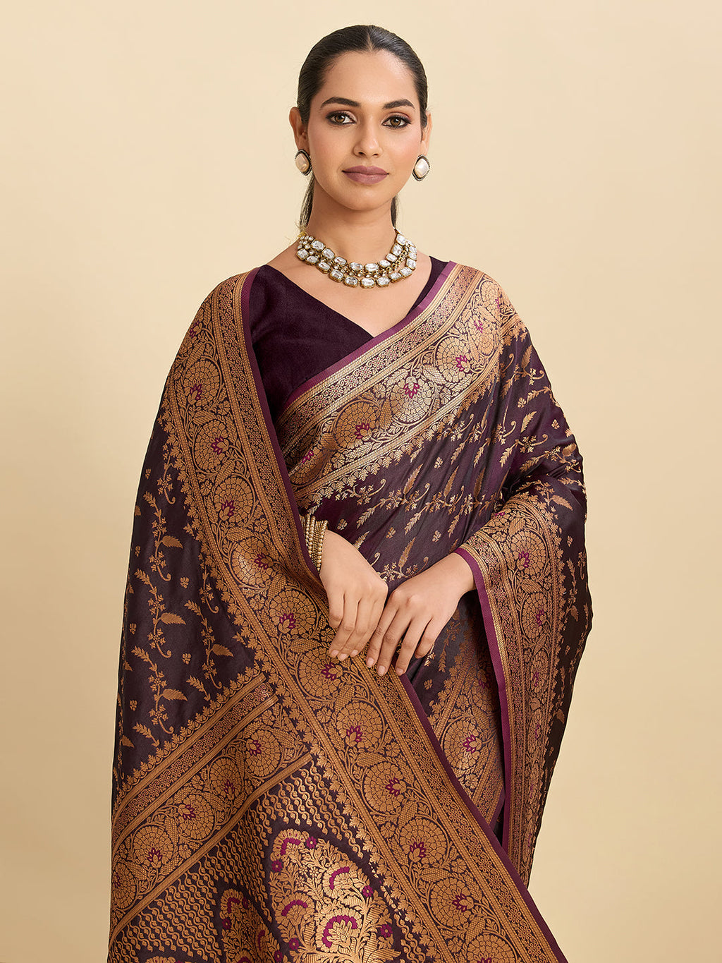 Vedant Vastram Soft Litchi Silk Banarasi Silk Jacquard Saree - Wine | Grocsy