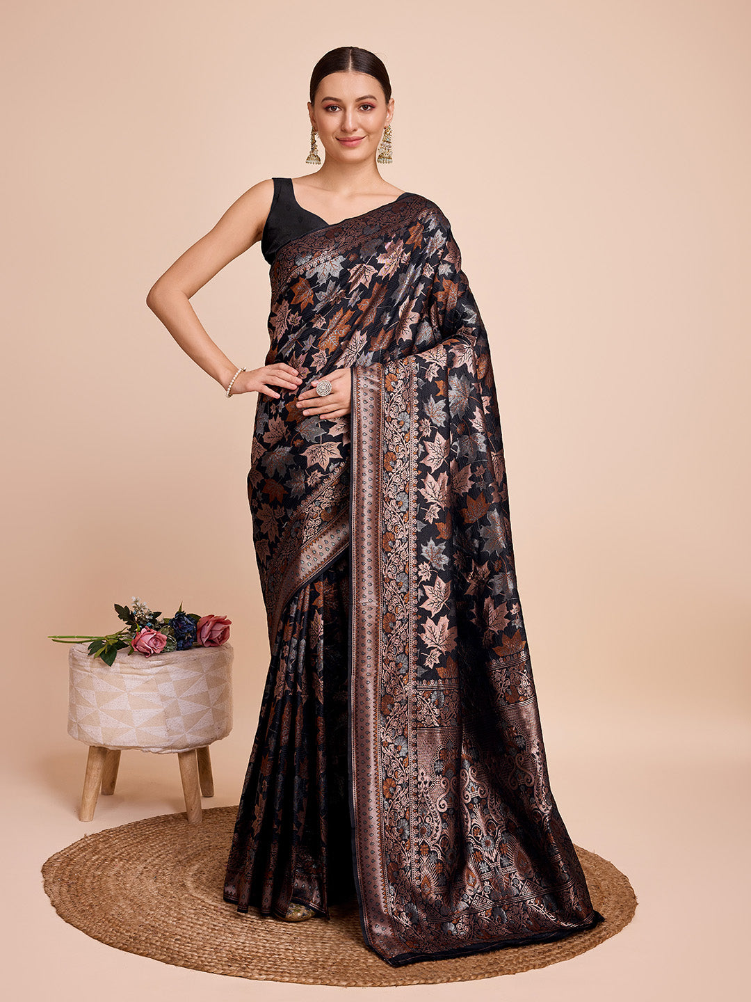 Vedant Vastram Soft Litchi Silk Banarasi Silk Saree - Black | Grocsy
