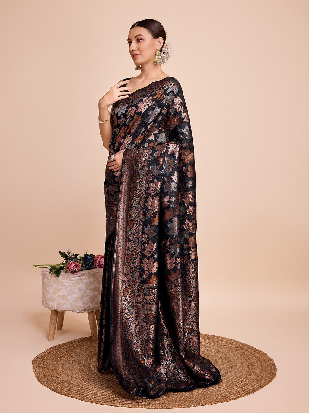 Vedant Vastram Soft Litchi Silk Banarasi Silk Saree - Black | Grocsy