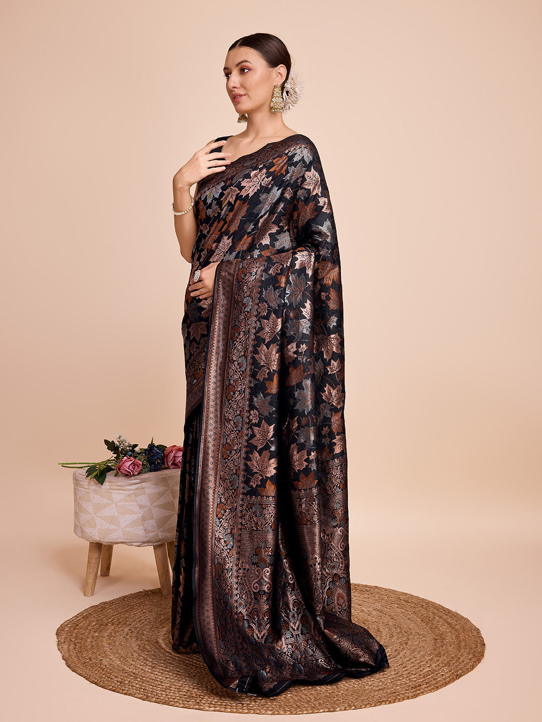 Vedant Vastram Soft Litchi Silk Banarasi Silk Saree - Black | Grocsy