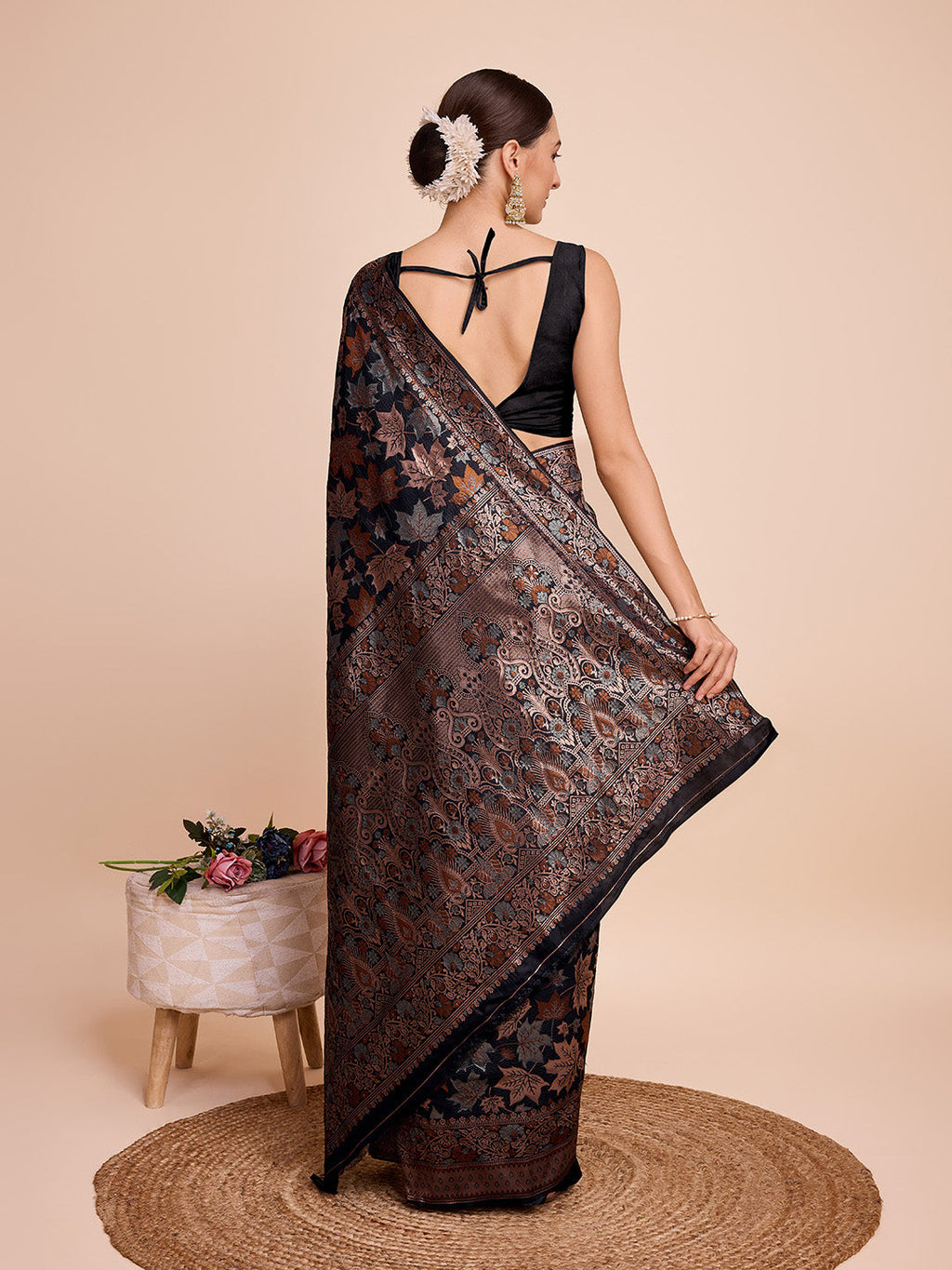 Vedant Vastram Soft Litchi Silk Banarasi Silk Saree - Black | Grocsy