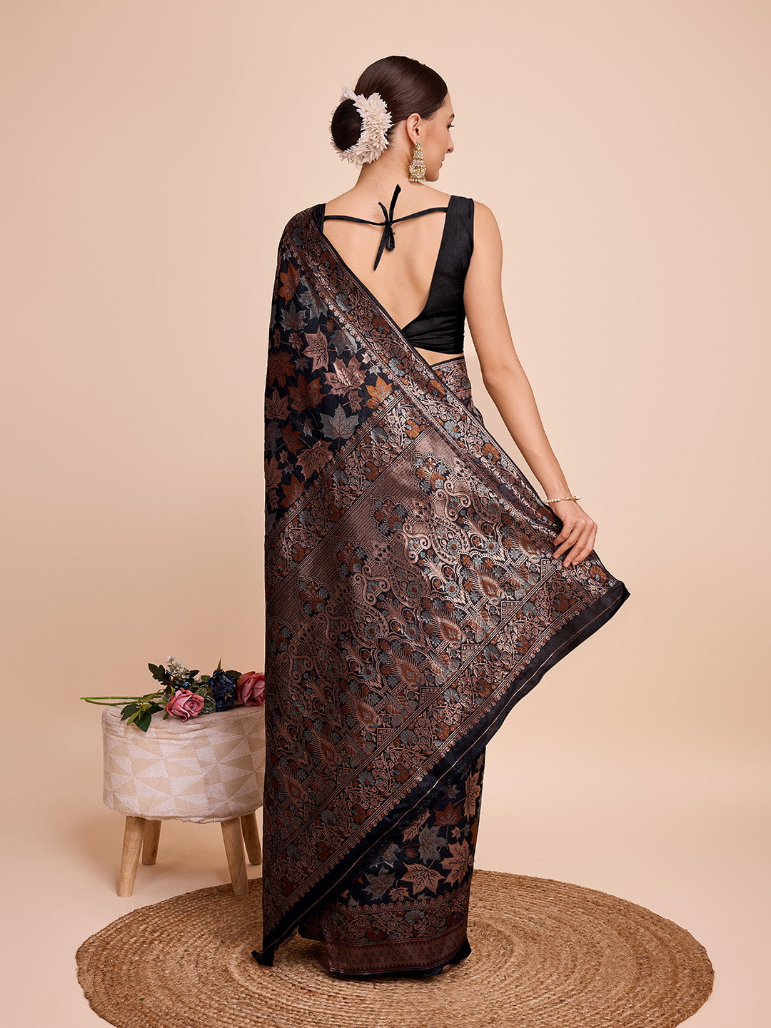 Vedant Vastram Soft Litchi Silk Banarasi Silk Saree - Black | Grocsy