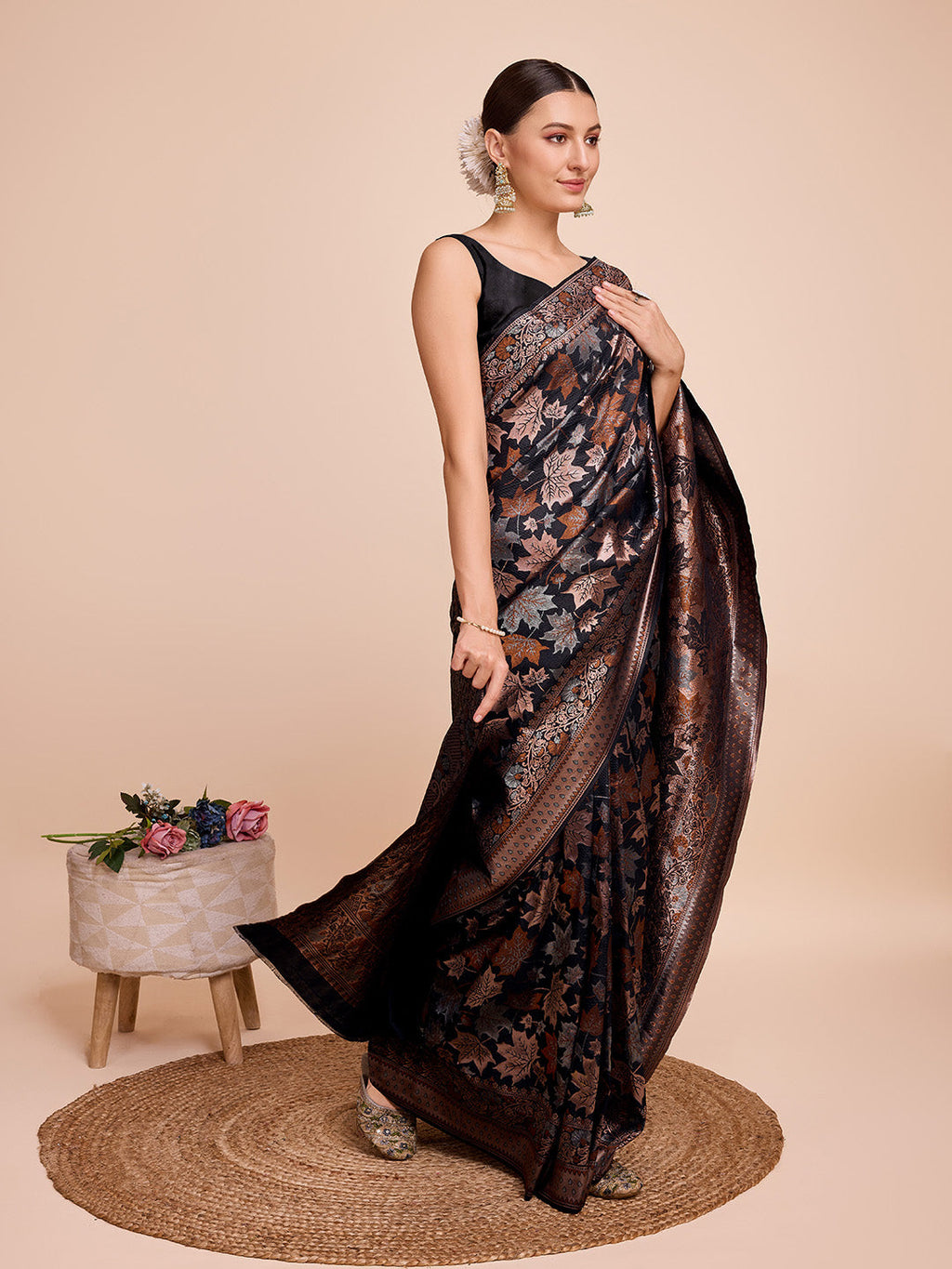 Vedant Vastram Soft Litchi Silk Banarasi Silk Saree - Black | Grocsy