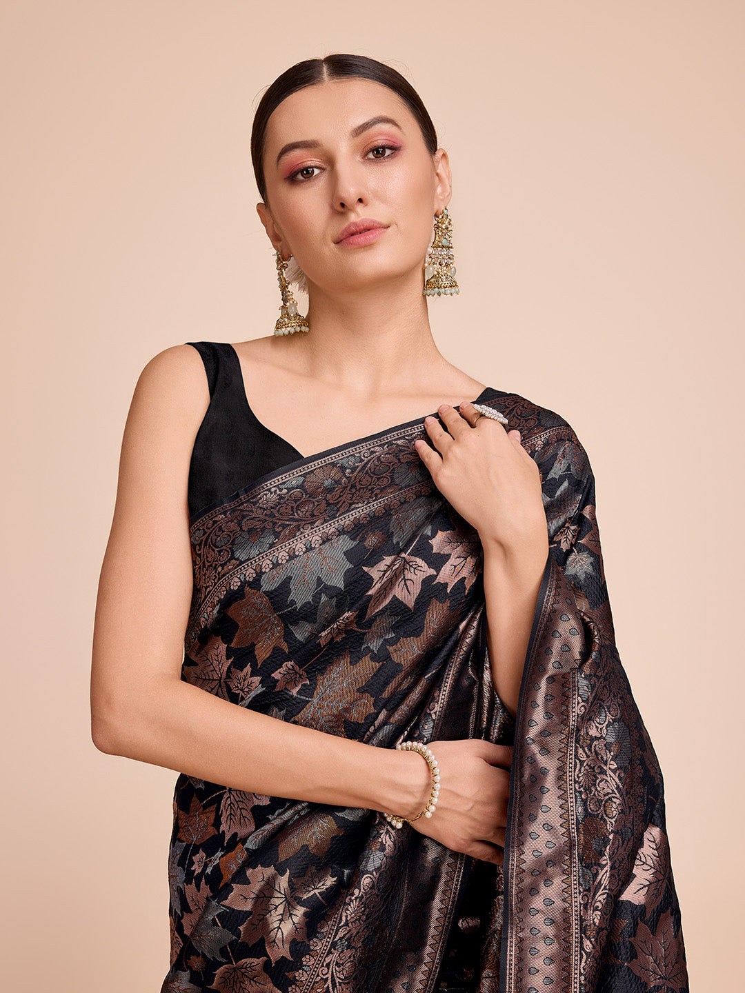 Vedant Vastram Soft Litchi Silk Banarasi Silk Saree - Black | Grocsy