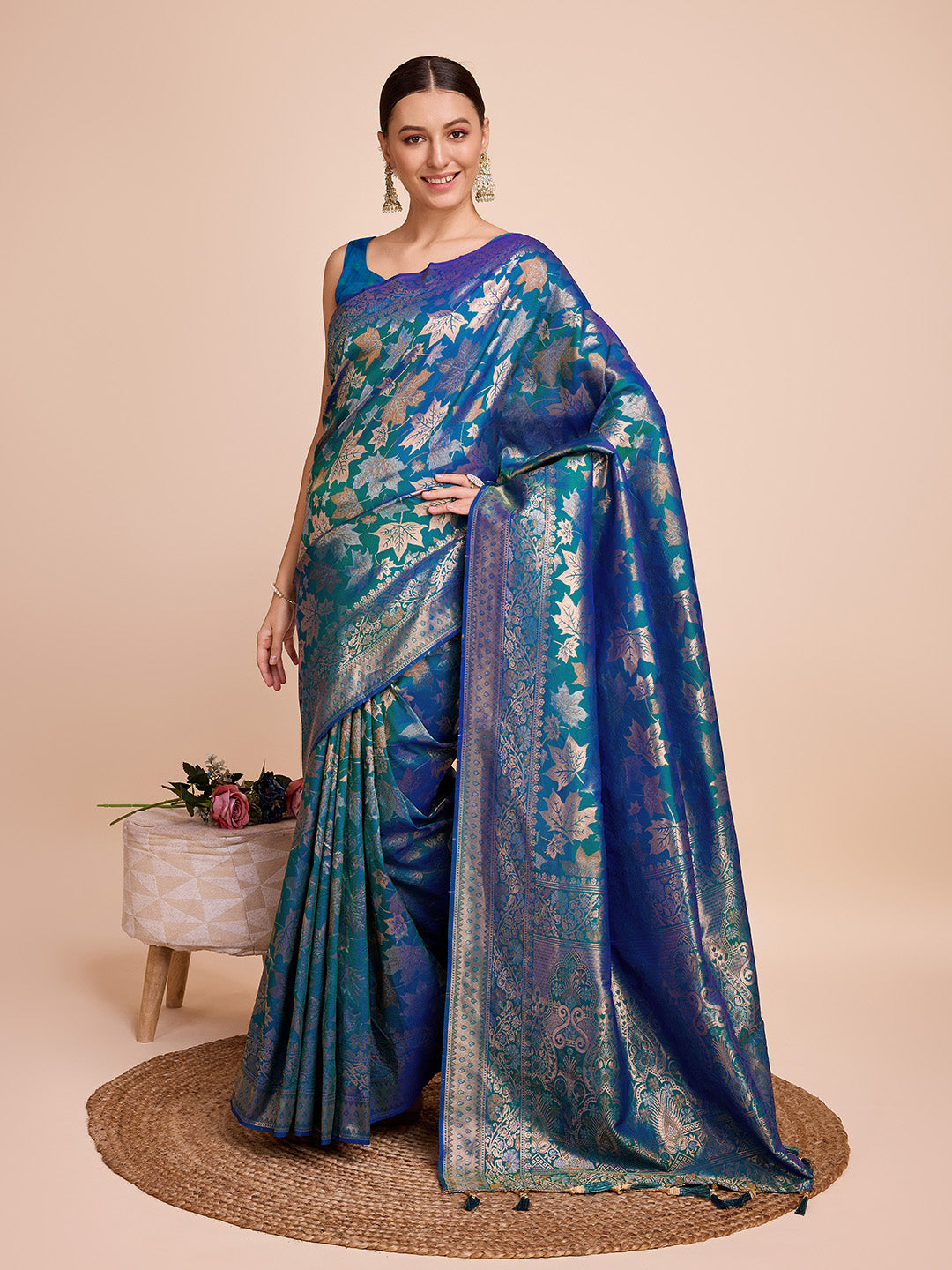 Vedant Vastram Soft Litchi Silk Banarasi Silk Saree - Firozi | Grocsy