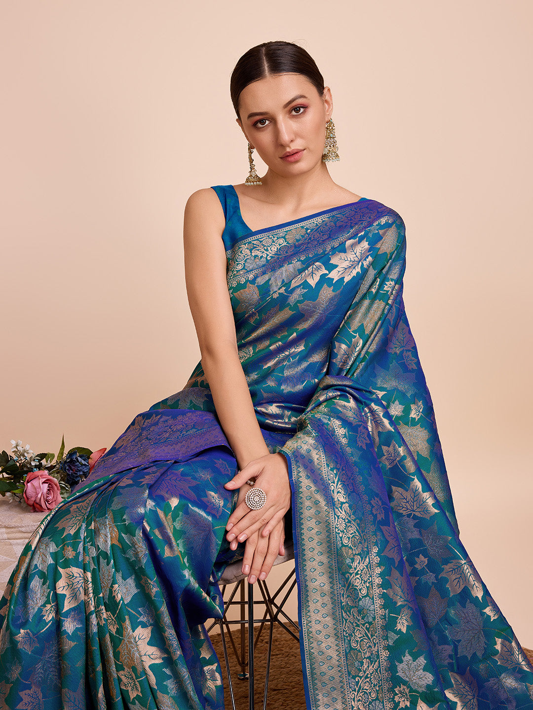 Vedant Vastram Soft Litchi Silk Banarasi Silk Saree - Firozi | Grocsy
