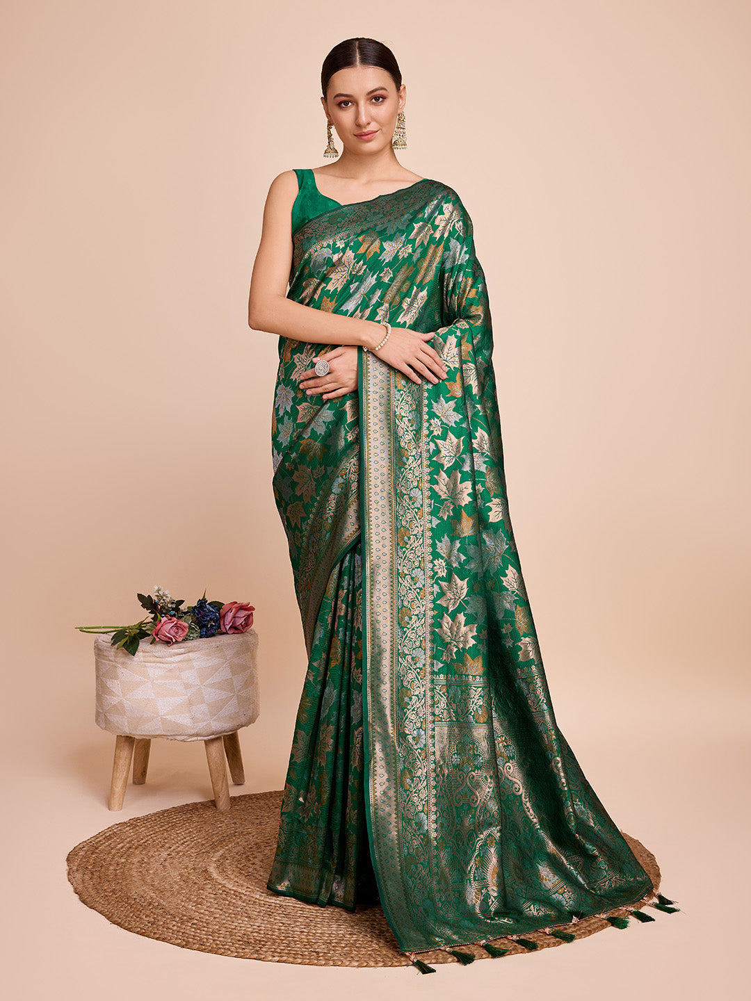 Vedant Vastram Soft Litchi Silk Banarasi Silk Saree - Green | Grocsy
