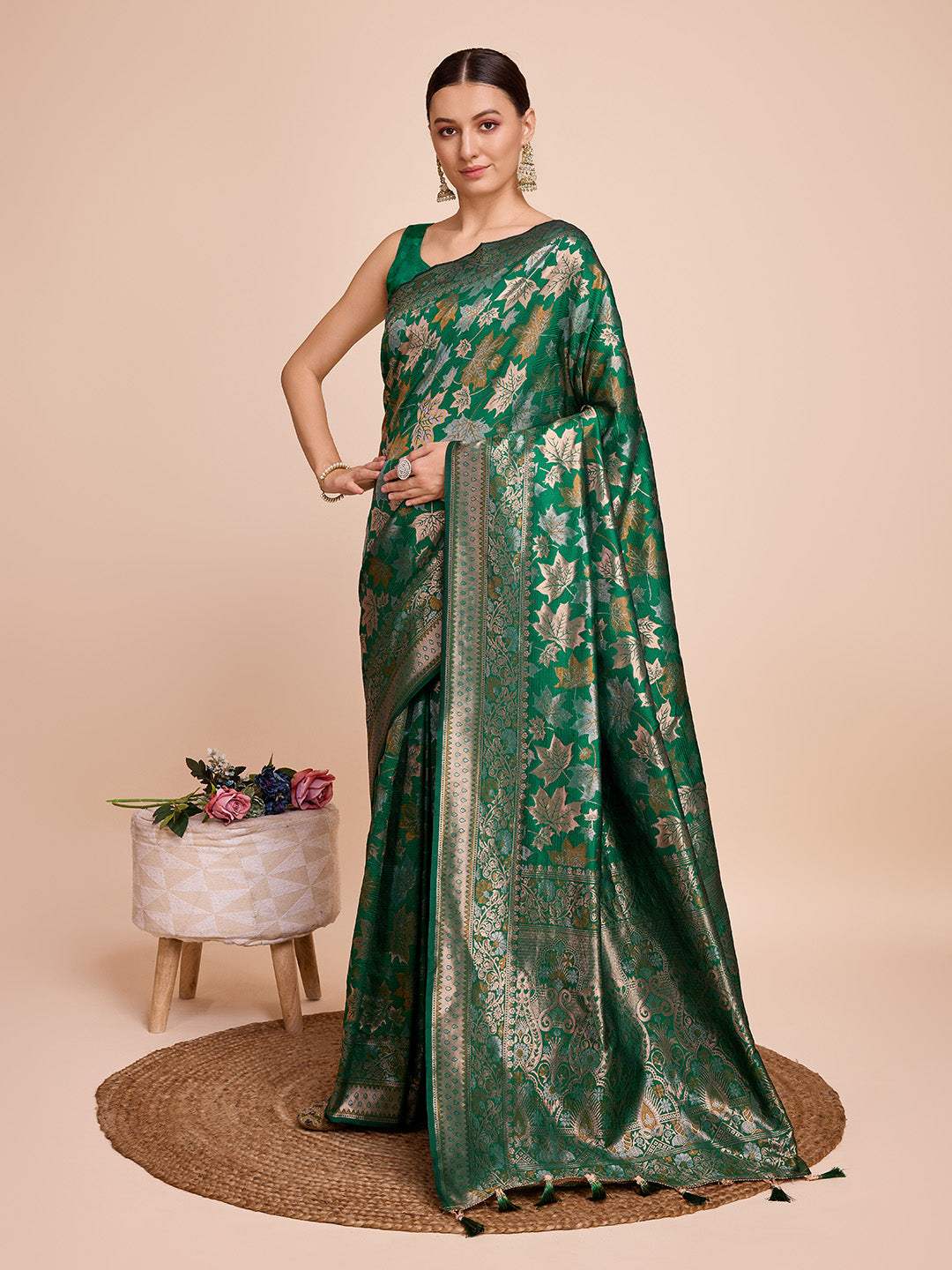 Vedant Vastram Soft Litchi Silk Banarasi Silk Saree - Green | Grocsy