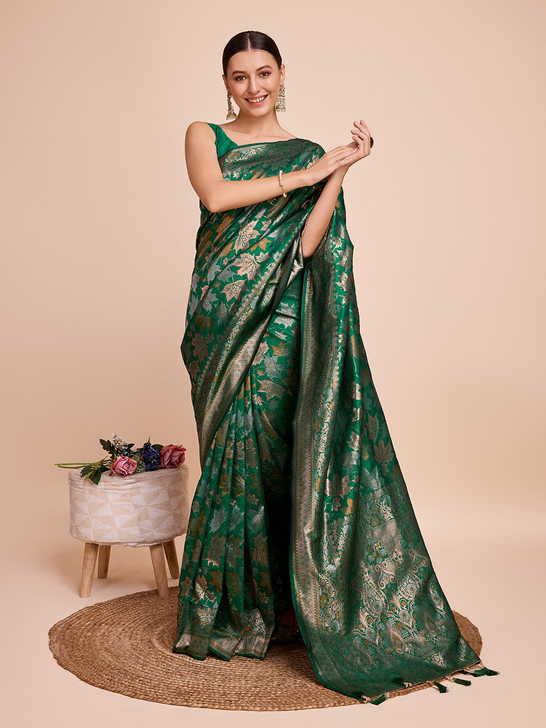 Vedant Vastram Soft Litchi Silk Banarasi Silk Saree - Green | Grocsy